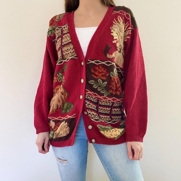 Vintage 90’s Hand Knit Embroidered Autumn Printed Patchwork Cardigan - Picture 1 of 8